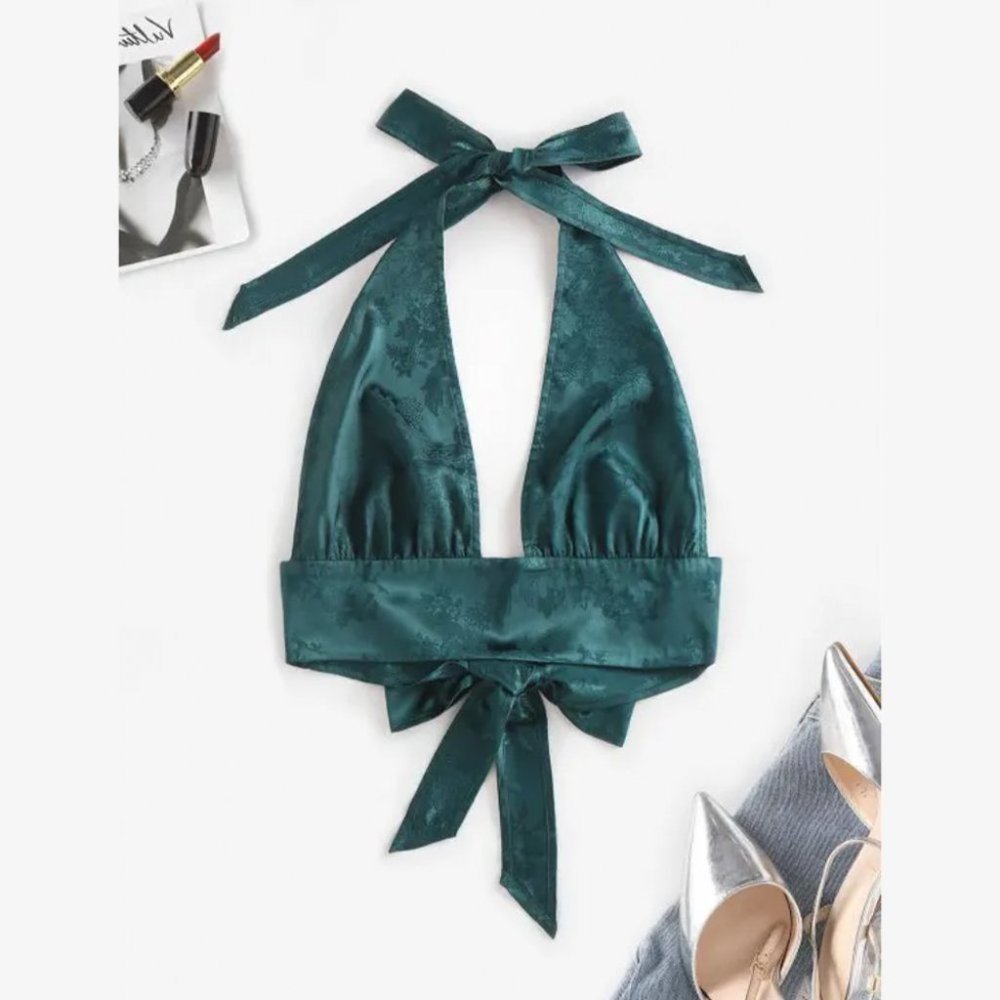 NEW Satin Jacquard Bowknot Halter Top One Size